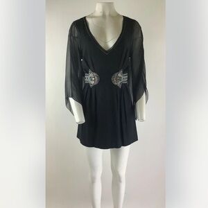 Karen Millen Sz 12 Jeweled Waist Tunic Shirt Dress Black Viscose Sheer Arms